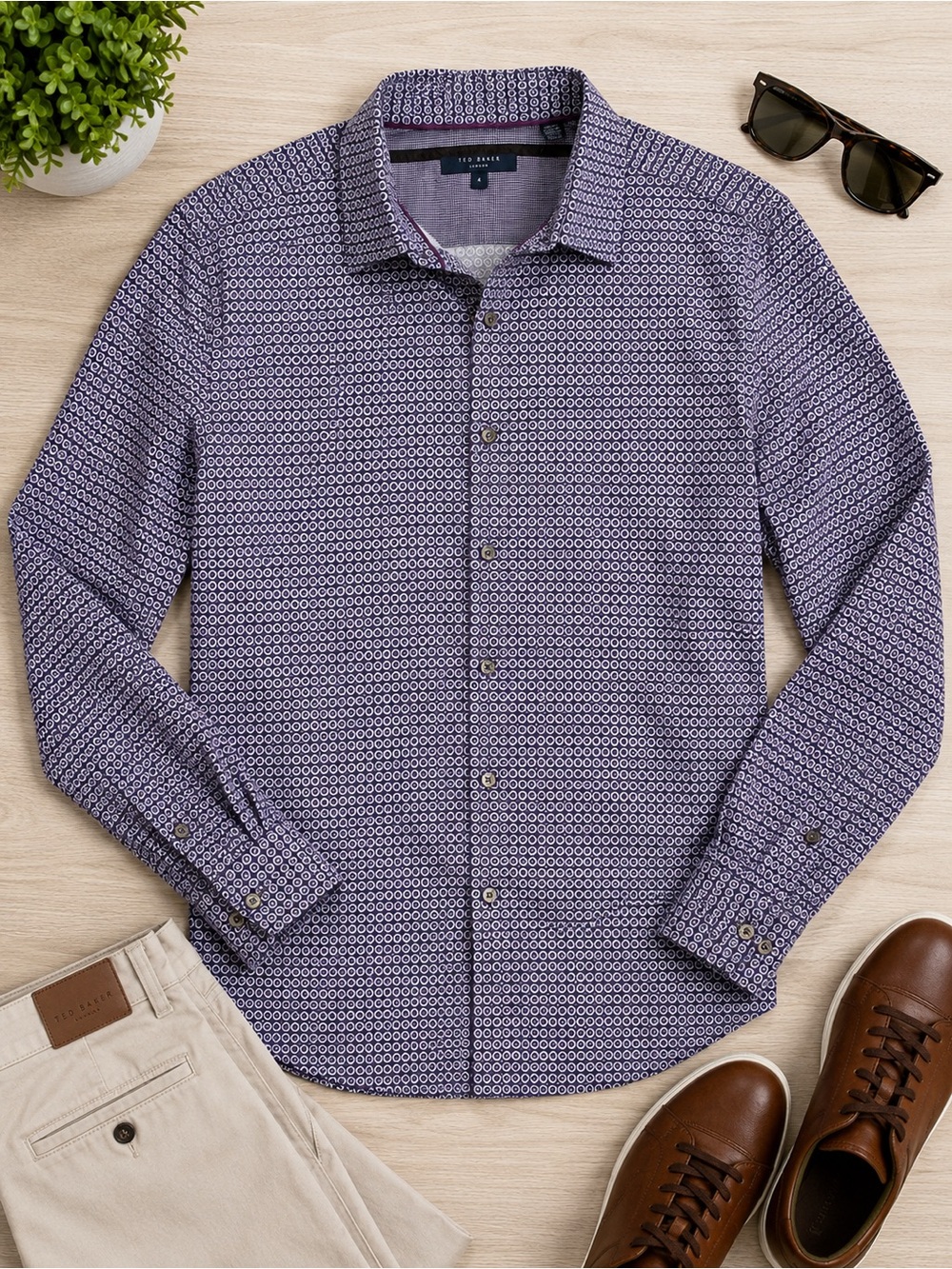 Ted Baker London Men’s Geometric Print Button Down Shirt | Navy Purple - Picture 1 of 8